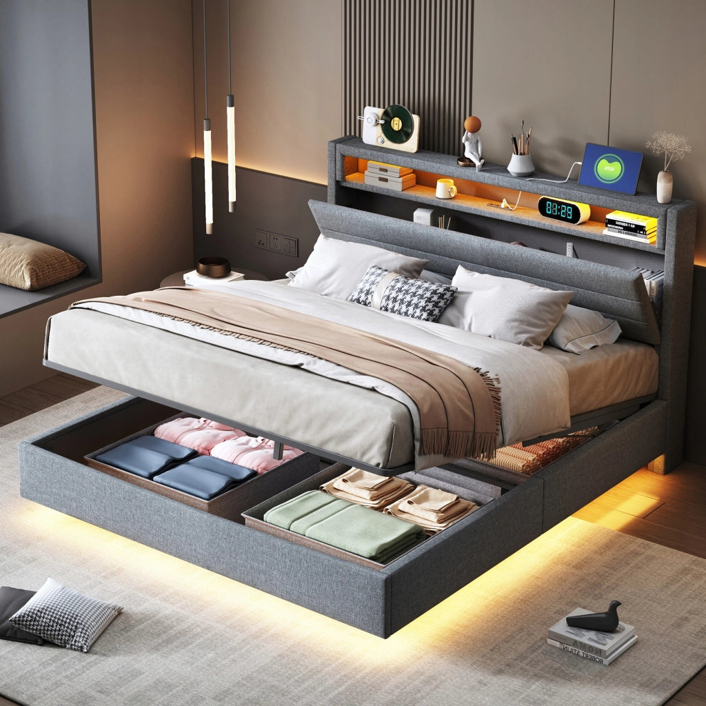 Letto imbottito 140x200 - Xylo - Grigio, struttura idraulica, LED, USB