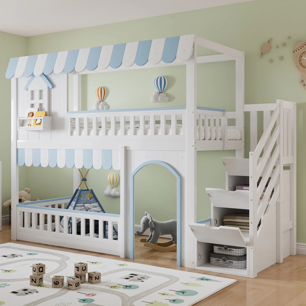 LETTO A CASTELLO per bambini 90x200 cm Bianco+Blu con scala contenitore