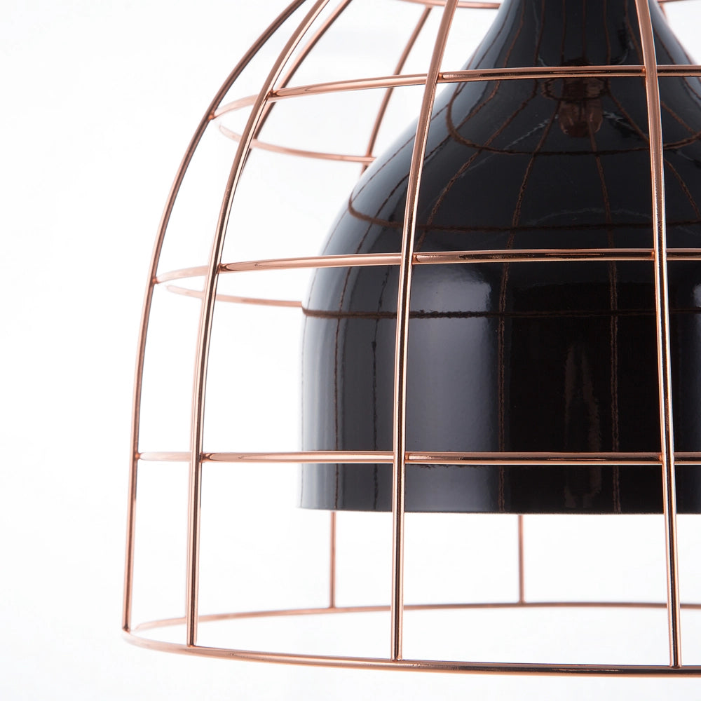 Lampada a sospensione in metallo Nero e rame con paralume a gabbia in rame industriale