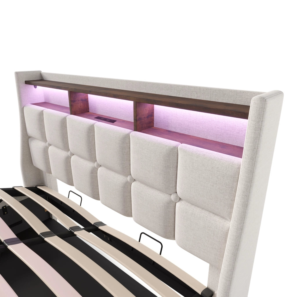 LETTO imbottito 140x200 cm Beige con LED e USB