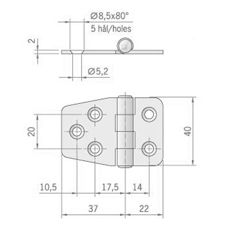 CERNIERA INOX MM.59X40 MIRROR POLISHED HINGES AISI 316 MM.59X40
