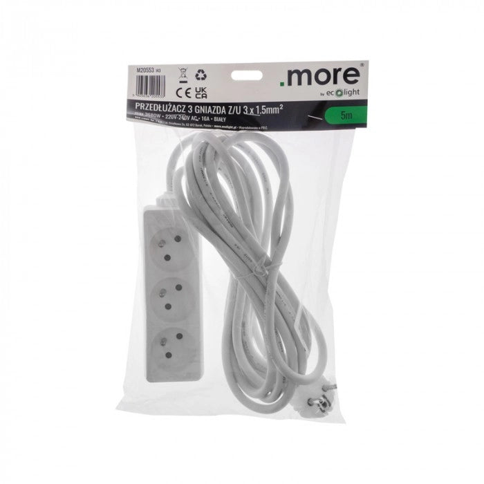 Prolunga elettrica 3 prese 5 m con terra bianca Ecolight