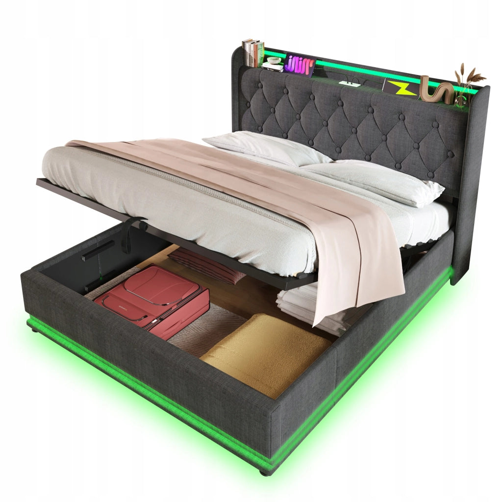 Letto imbottito 140x200 - Xylo - Grigio, idraulico, LED, USB-C