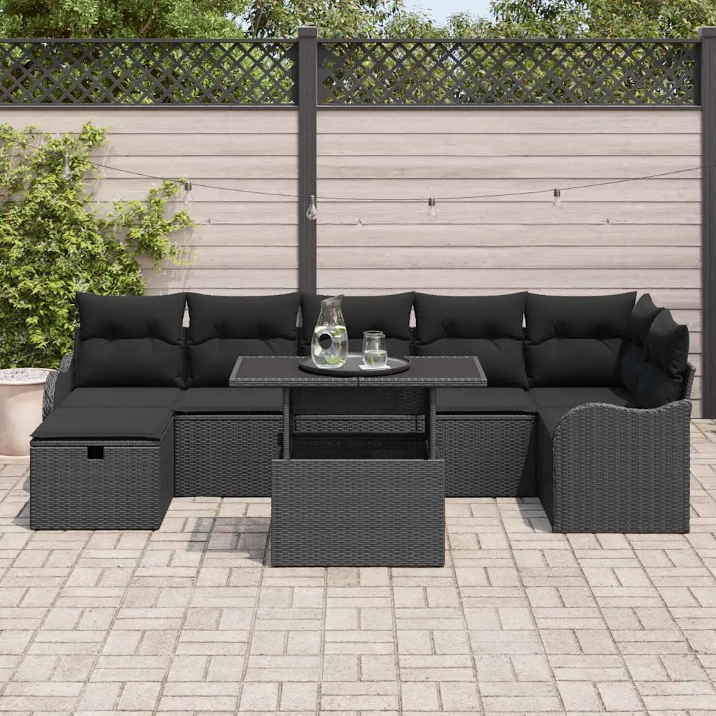 Set Divano da Giardino con cuscino 8 pcs Nero Poly Rattan