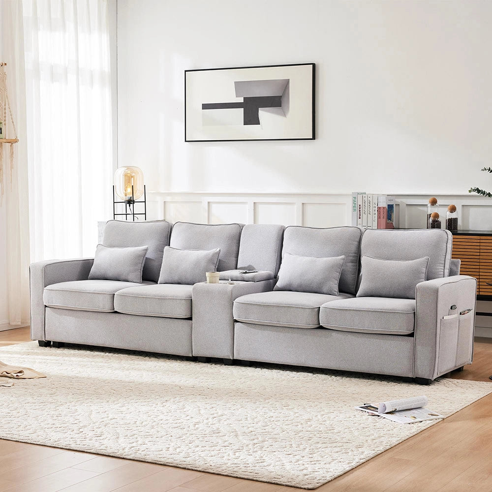 Divano 4 posti - Xylo - in lino con console 2 USB tasche braccioli