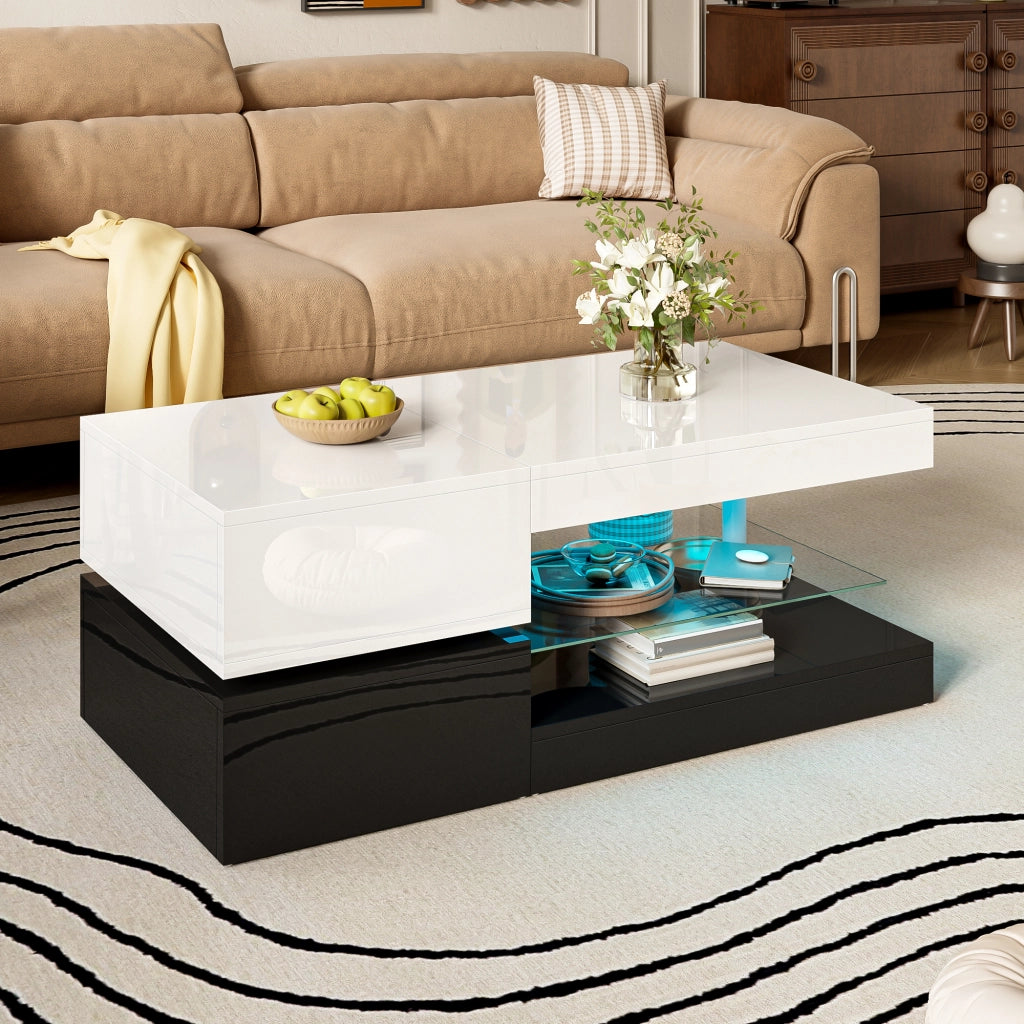 OKWISH Tavolino da Salotto con Ripiano in Vetro e LED, Controllo Bluetooth, per Soggiorno, Nero e Bianco, 90 x 45 x 35.5 cm