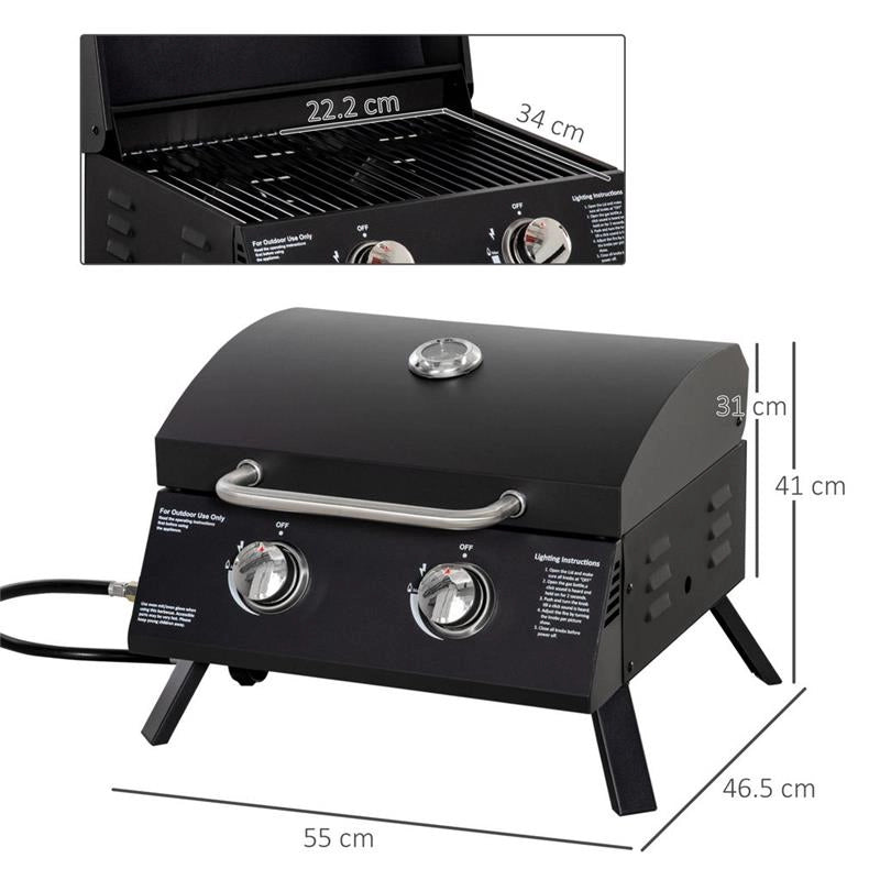BARBECUE A GAS PIEGHEVOLE CON COPERCHIO, TERMOMETRO E 2 BRUCIATORI IN ACCIAIO