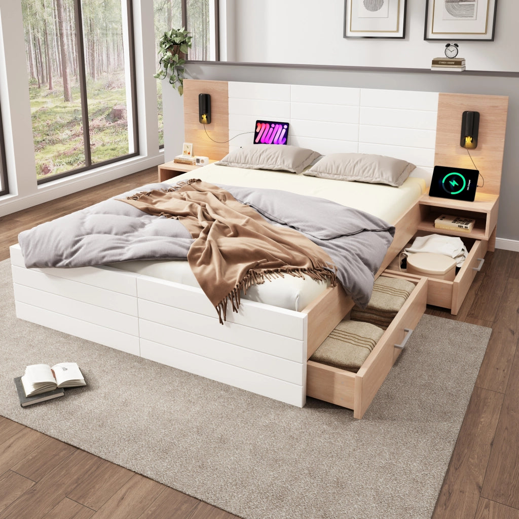 LETTO Contenitore 140x200 cm Bianco e Rovere con 2 cassetti