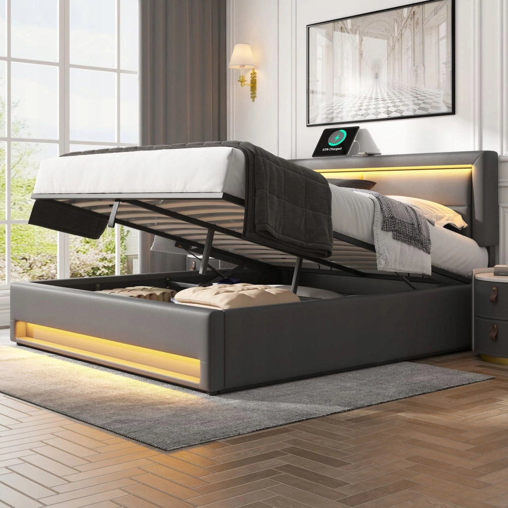 Letto imbottito 140x200 grigio, LED, USB, ripostiglio - Xylo