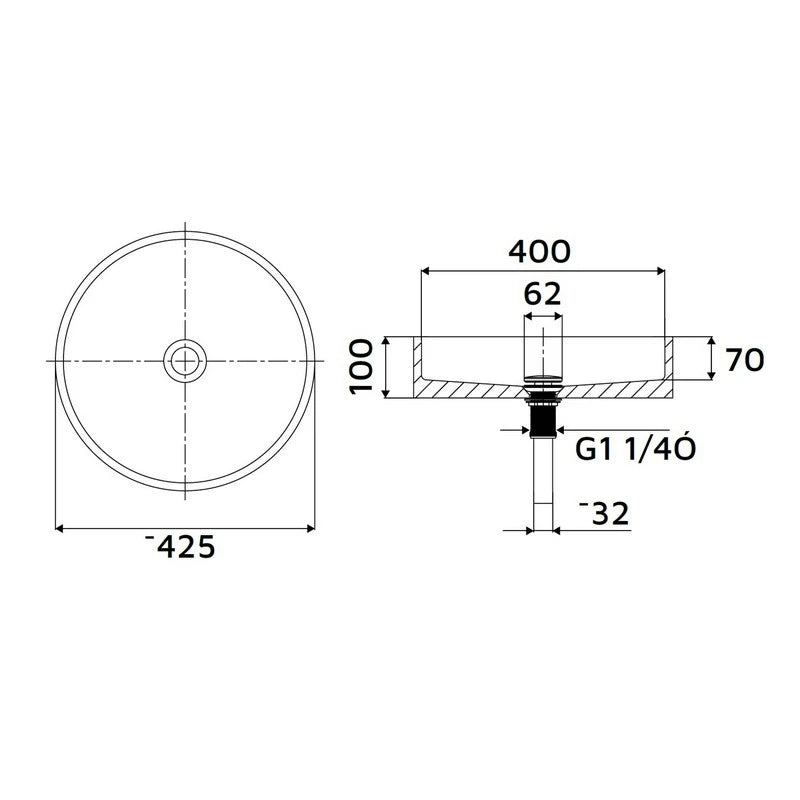 Lavabo da appoggio circolare 425x425x100 mm con piletta inclusa