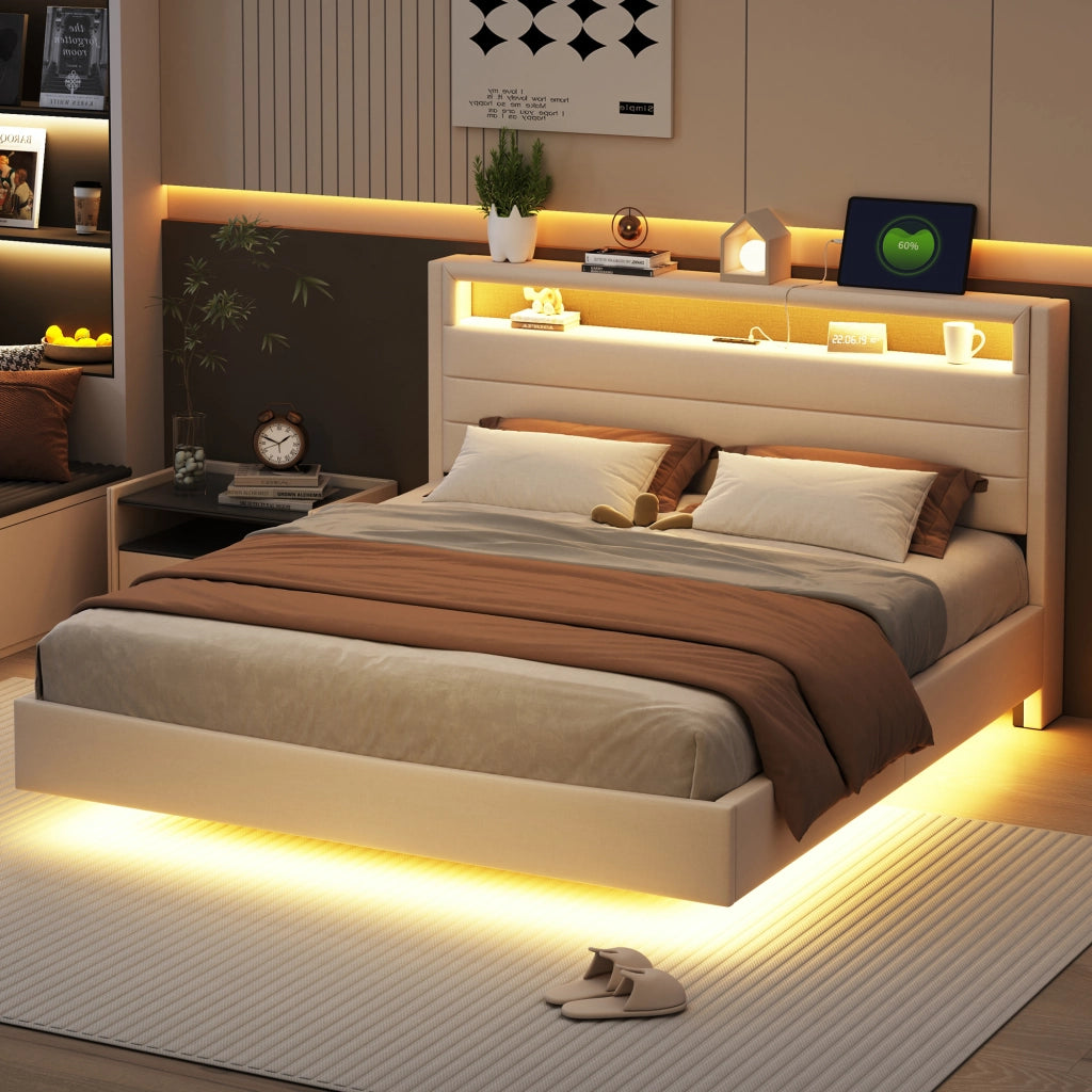 Letto matrimoniale – 160x200 cm – USB LED testiera reversibile – lino beige