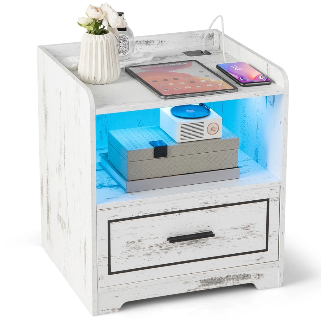 Comodino a LED con 2 porte USB ripiano aperto e cassetto, Tavolino vintage da divano Bianco