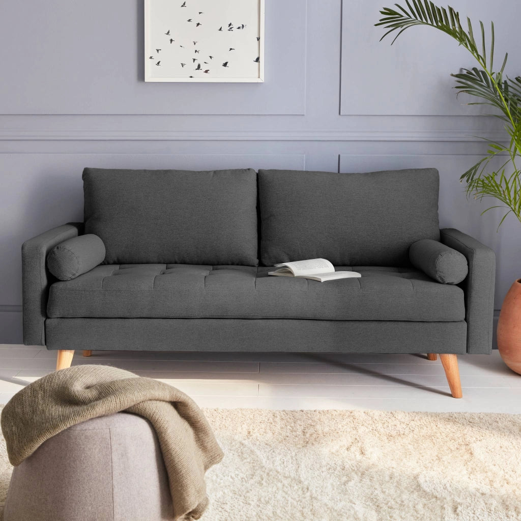 Divano in stile scandinavo in tessuto semplice, 3 posti, grigio scuro