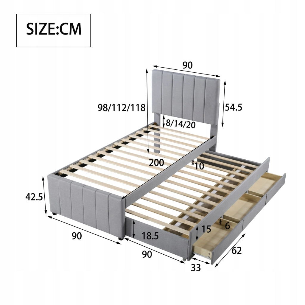 Letto imbottito 90x200 con cassetti - Xylo - Grigio