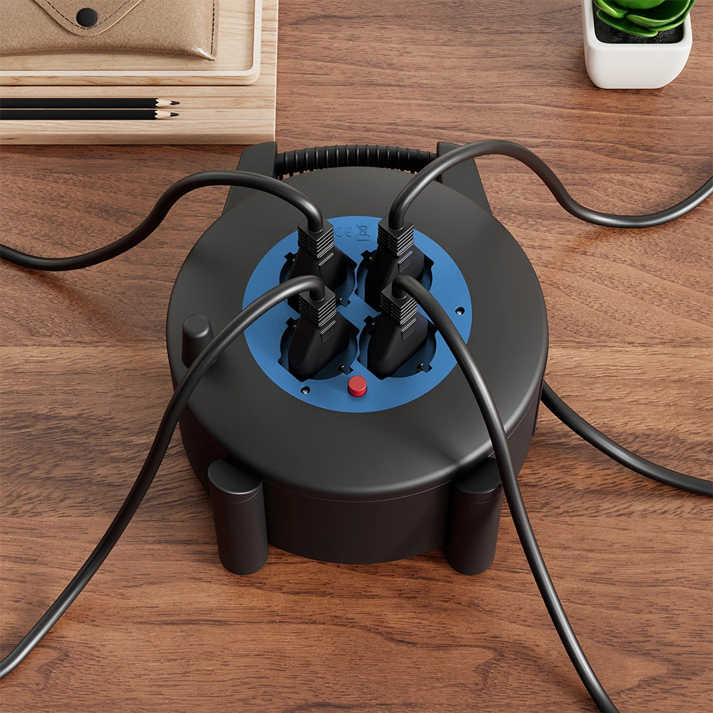 Avvolgicavo Multipresa 12 Metri con Interruttore di Protezione Prolunga e 4 Prese Nero e Blu