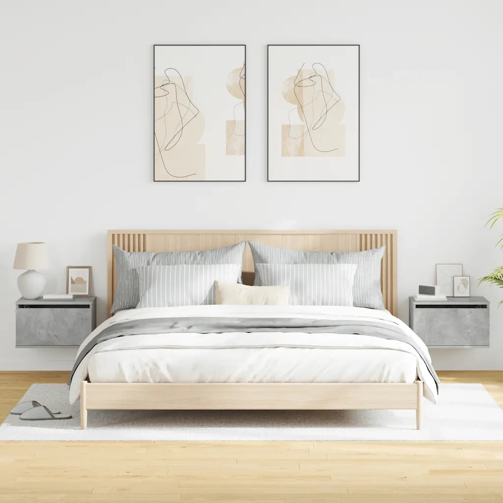 Set di 2 Comodini | Armadio da Notte | Mobiletto da notte a Parete con Luci LED Grigio Cemento