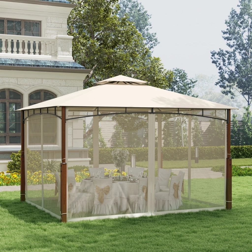 Gazebo da esterno 3,6x3m con reti tetto a doppio strato telaio metallico, Rifugio solare impermeabile per patio Beige
