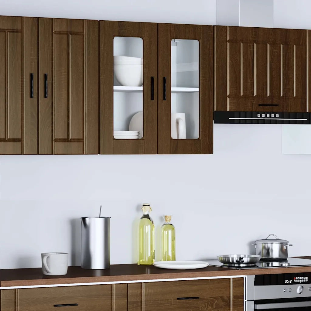 Pensile da Cucina con Porta in Vetro-Mobile Cucina da Parete Porto Rovere Marrone 700823