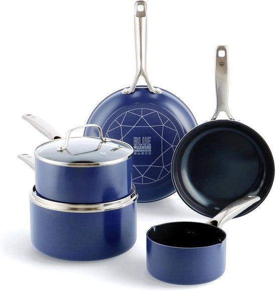 Set di pentole con rivestimento antitraslamento diamantato - 7 pezzi - Blu - Senza PFAS