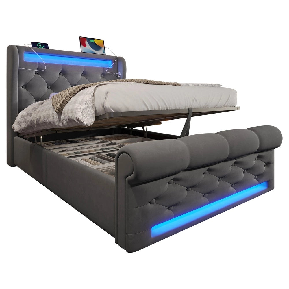 Letto Singolo Imbottito Contenitore con LED ¨C MINIMAL ¨C Grigio Velluto 90x200