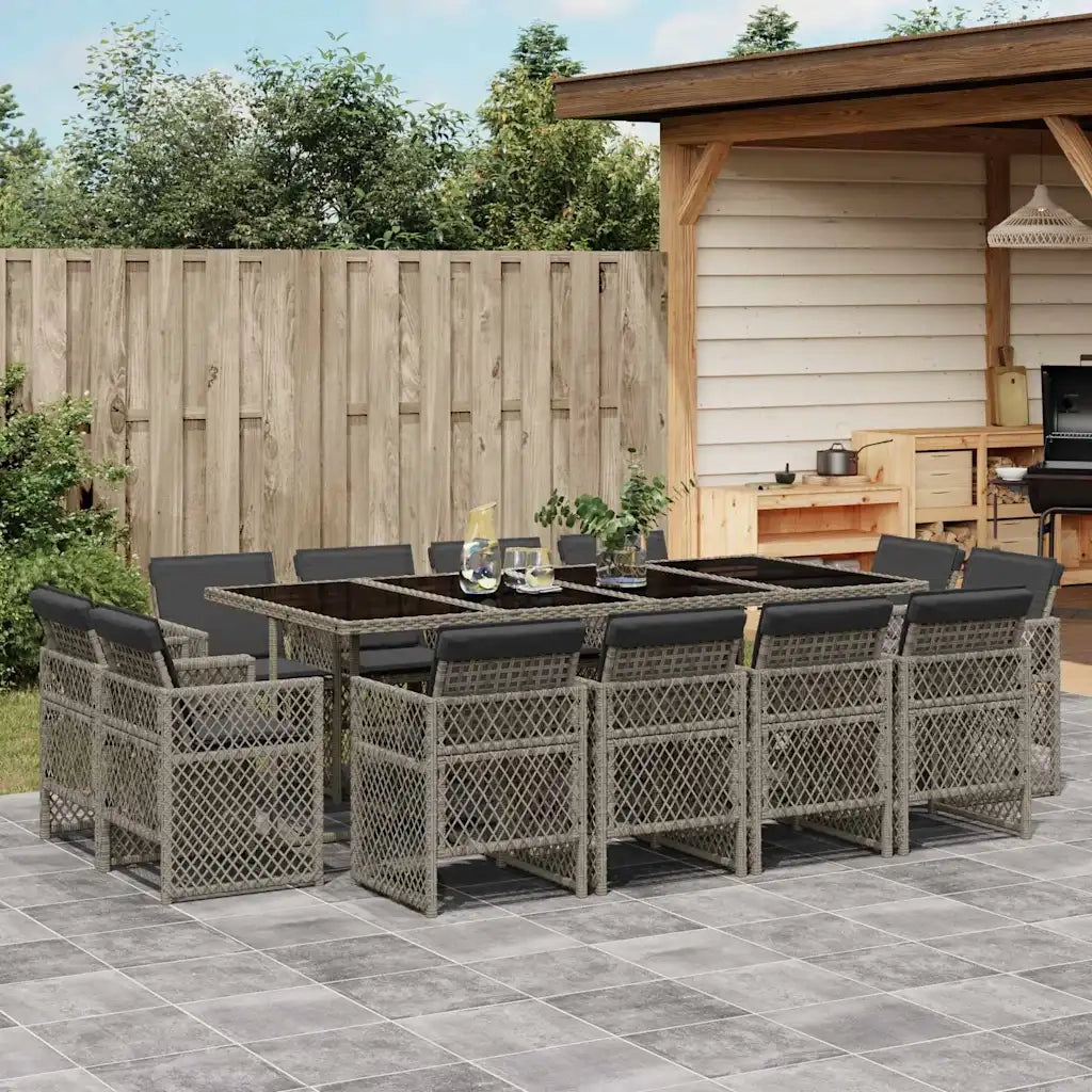 Set da Pranzo da Giardino 13pz con Cuscini Grigio in Polyrattan