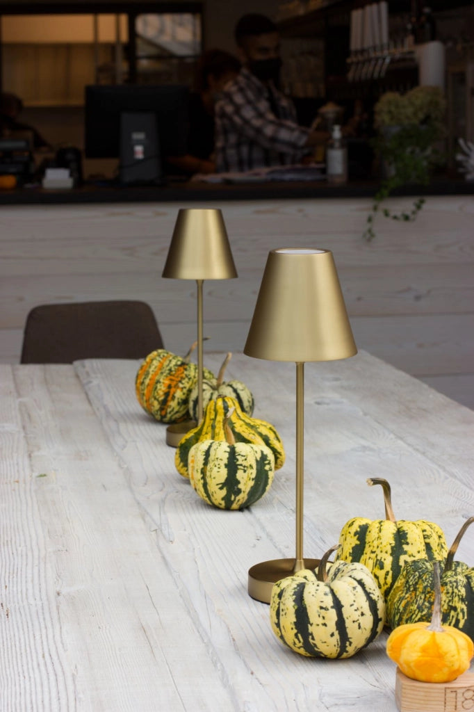 LA ANGINA-M O Lampada da tavola paralume metallo ricaricabile ottone spazzolato 7W 3600K, dimmerabile 30-60-100%, lumen 630