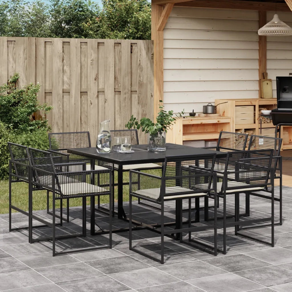 Set da Pranzo da Giardino 9 pz con Cuscini Nero in Polyrattan 3295013