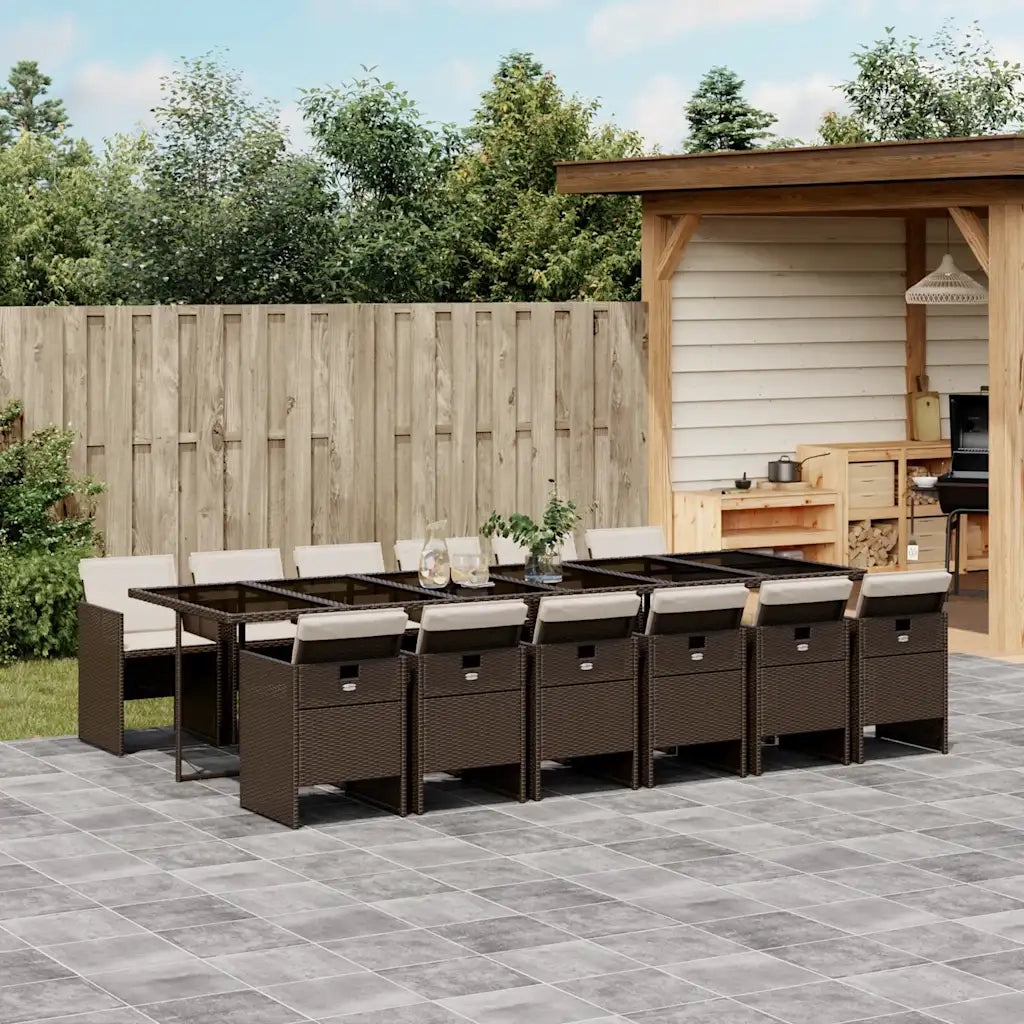 Set da Pranzo da Giardino 13pz con Cuscini Marrone Polyrattan
