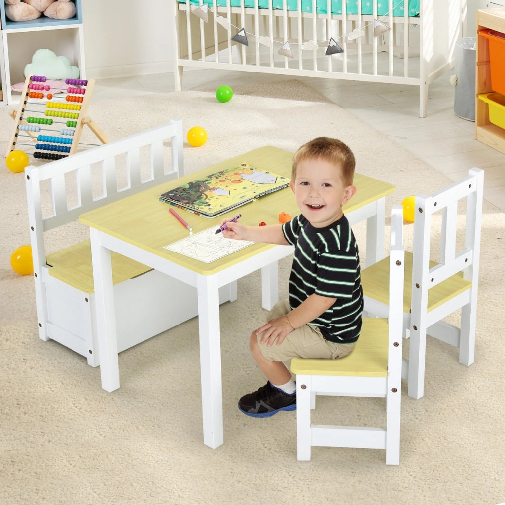 Set tavolo attivit¨¤ di legno 2 in 1 con 2 sedie e 1 panca, Set 4 pezzi tavolo e sedie per bambini Naturale-Tavoli e sedie