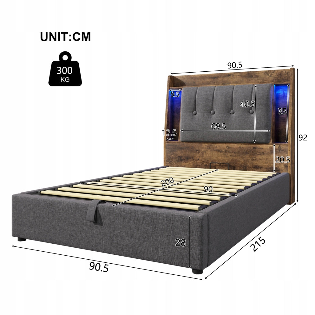 Letto imbottito singolo - Xylo - 90x200 - Grigio - Stelaio sollevabile USB-C