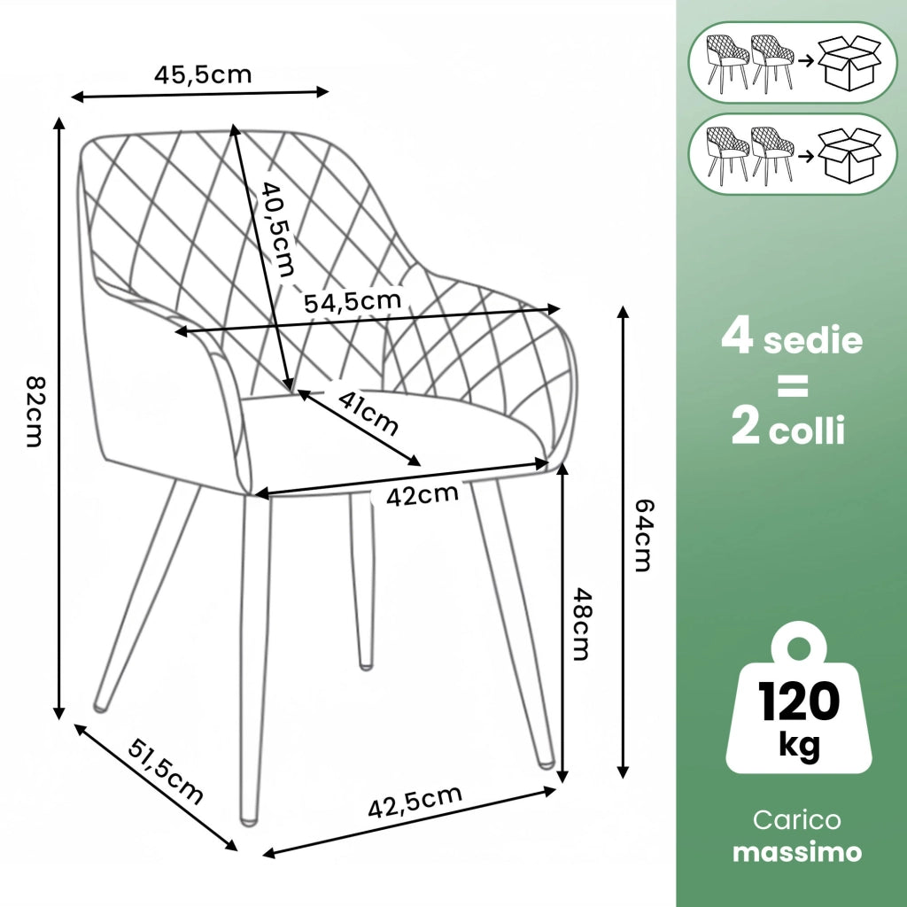 Set di 4 Sedie in velluto con cuciture a rombi VELTO Grigio gambe nere