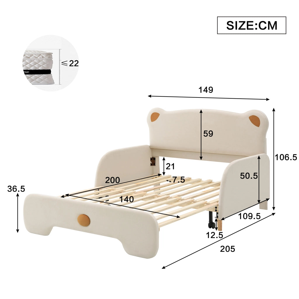 LETTO Matrimoniale in velluto beige 140x200 cm con forma a orso