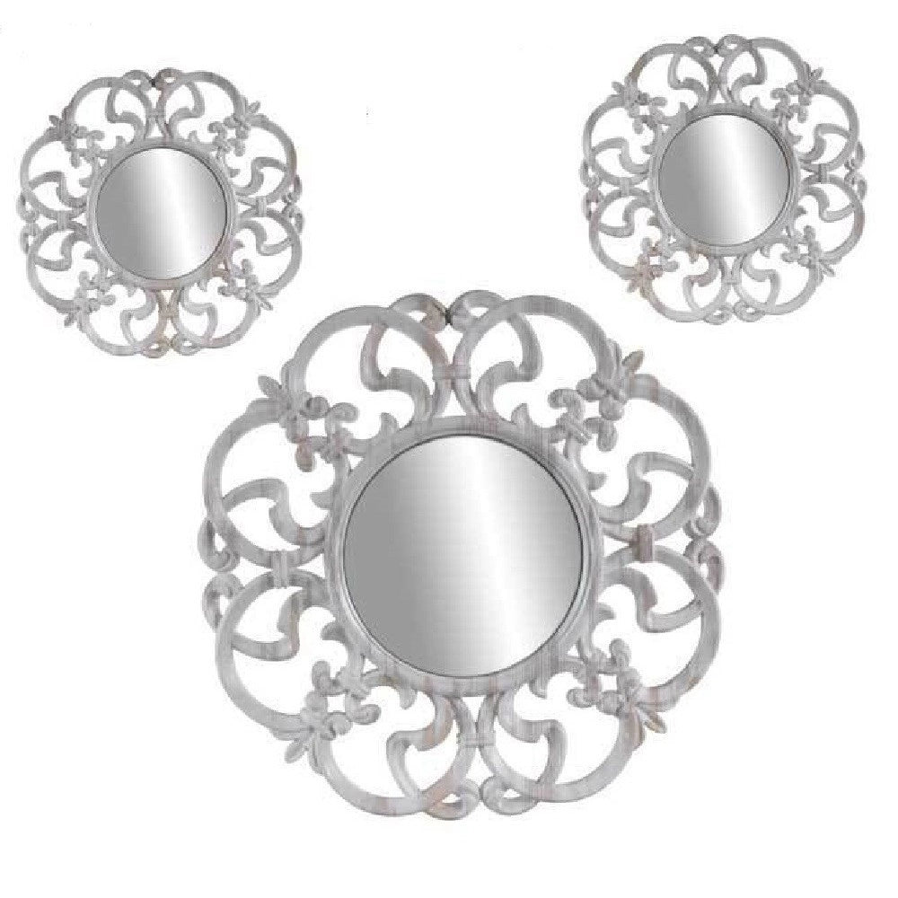 Trade Shop - Set 3 Specchi Parete Decorativi Anticati Bianco Specchio Plastica 25-35cm 836886 -
