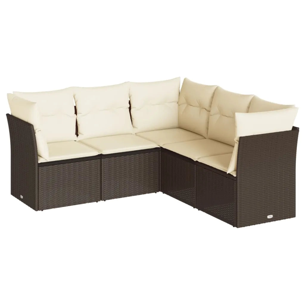 Set Divano da Giardino 5 pz con Cuscini Marrone in Polyrattan