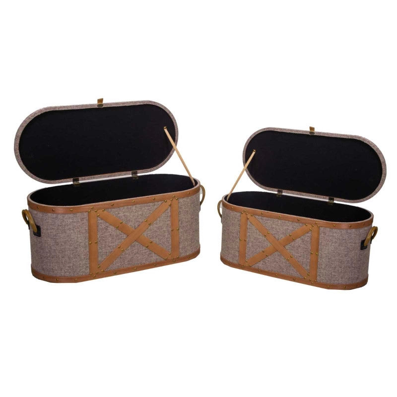 Baule legno tessuto beige grigio ovale set 1-2 — grande cm 90×40×h45