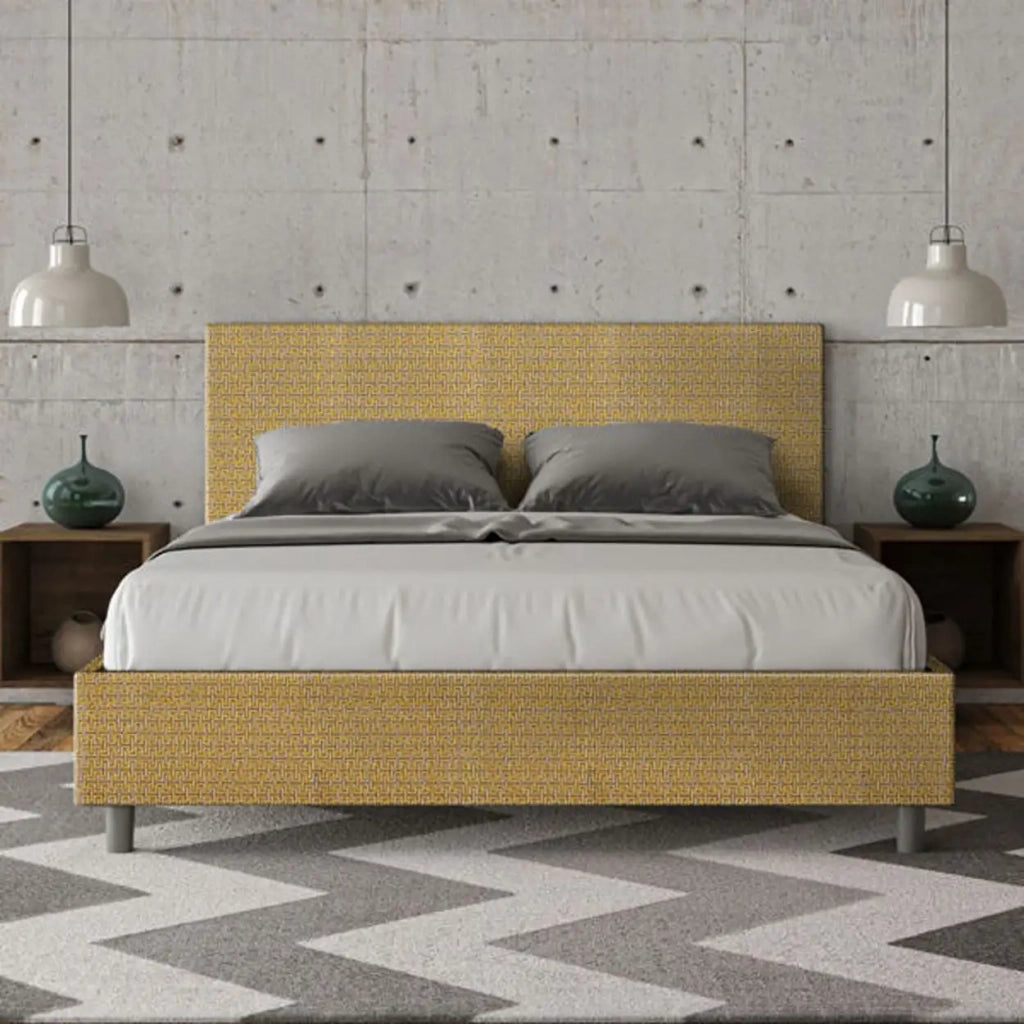 Letto matrimoniale con rete imbottito 160x190 tessuto Labirinto 6 giallo Adele