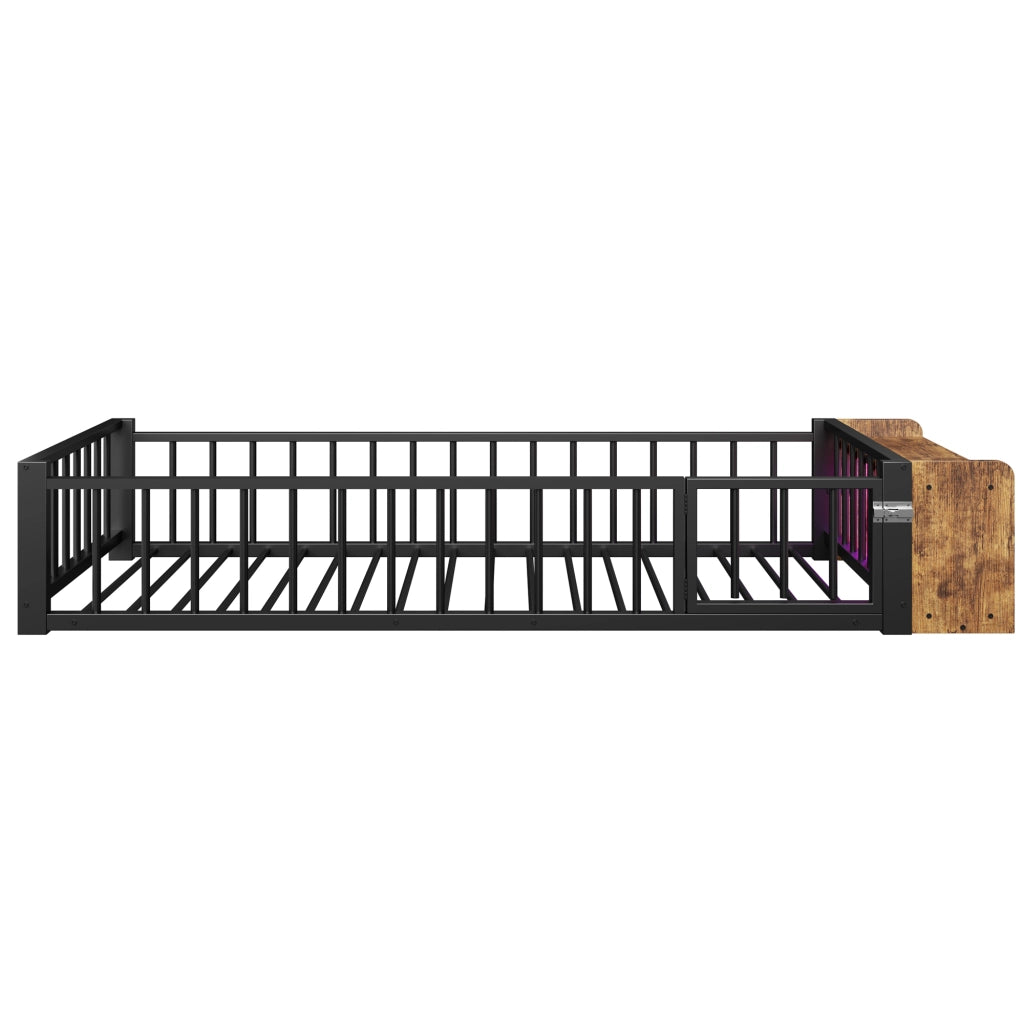 LETTO 90x200 cm in metallo e MDF con sponda, vano aperto e LED, nero