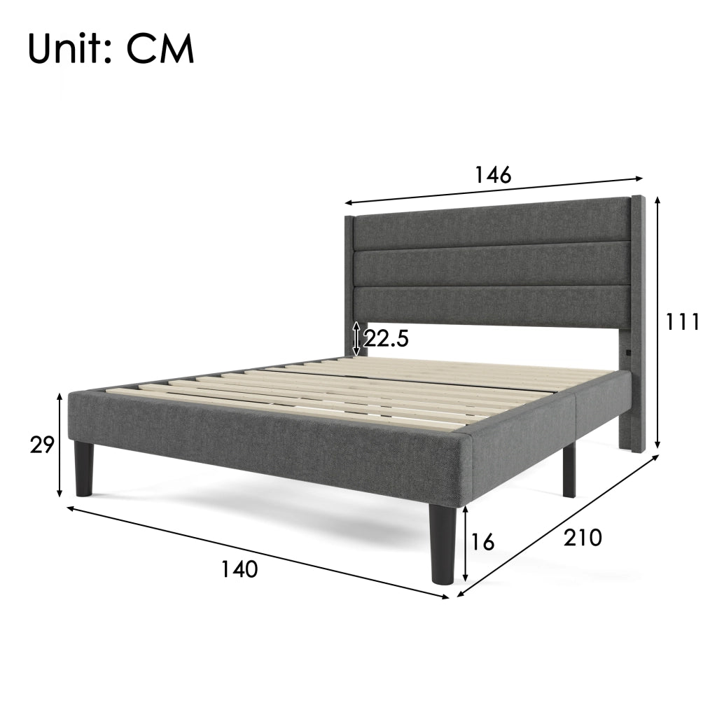 LETTO Imbottito 140x200 cm Tessuto Lino Grigio con rete a doghe e testiera