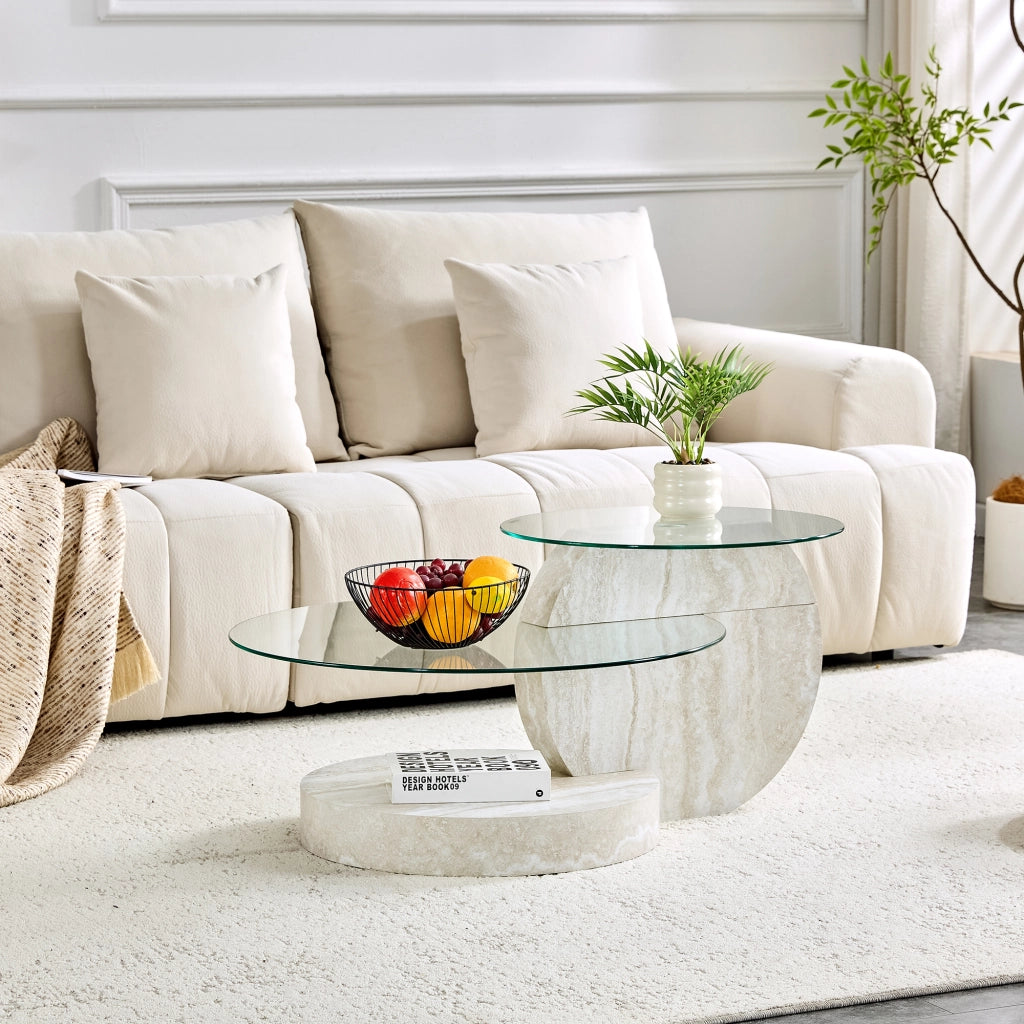 TAVOLINO DA CAFFÈ OVALE 78,5x78,5x24,5 cm GRIGIO CHIARO VETRO E MDF