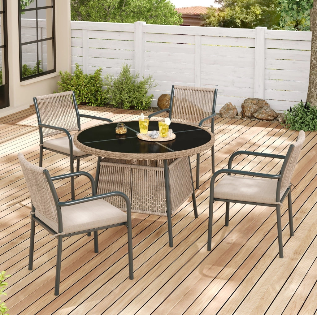 Set da giardino da pranzo 5 pezzi per 4 persone con tavolo in vetro temperato e cuscini; grigio e naturale