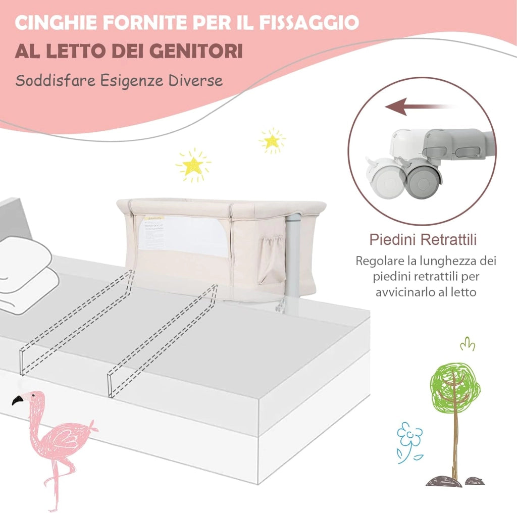 Culla Neonato Fianco Letto 3 in 1, Lettino Dondolo Neonati con Materasso, Culla da Campeggio con Ruote e Borsa, Regolabile In Altezza, Inclinazione di 10°, per Bambini 0-6 Mesi (Beige)