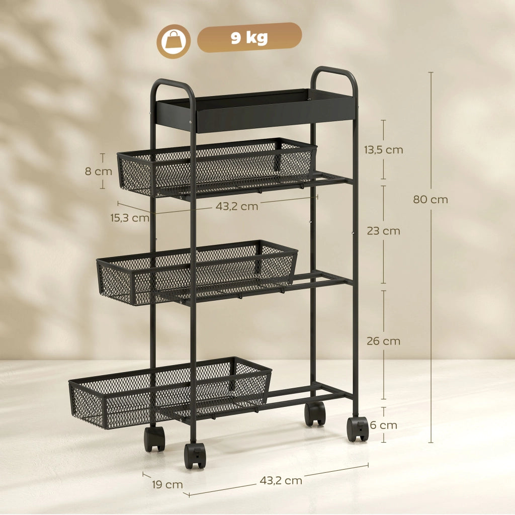 Carrello portaoggetti 4 ripiani con rotelle ¨C Xylo ¨C 3 cassetti scorrevoli metallo nero 19x43x80cm
