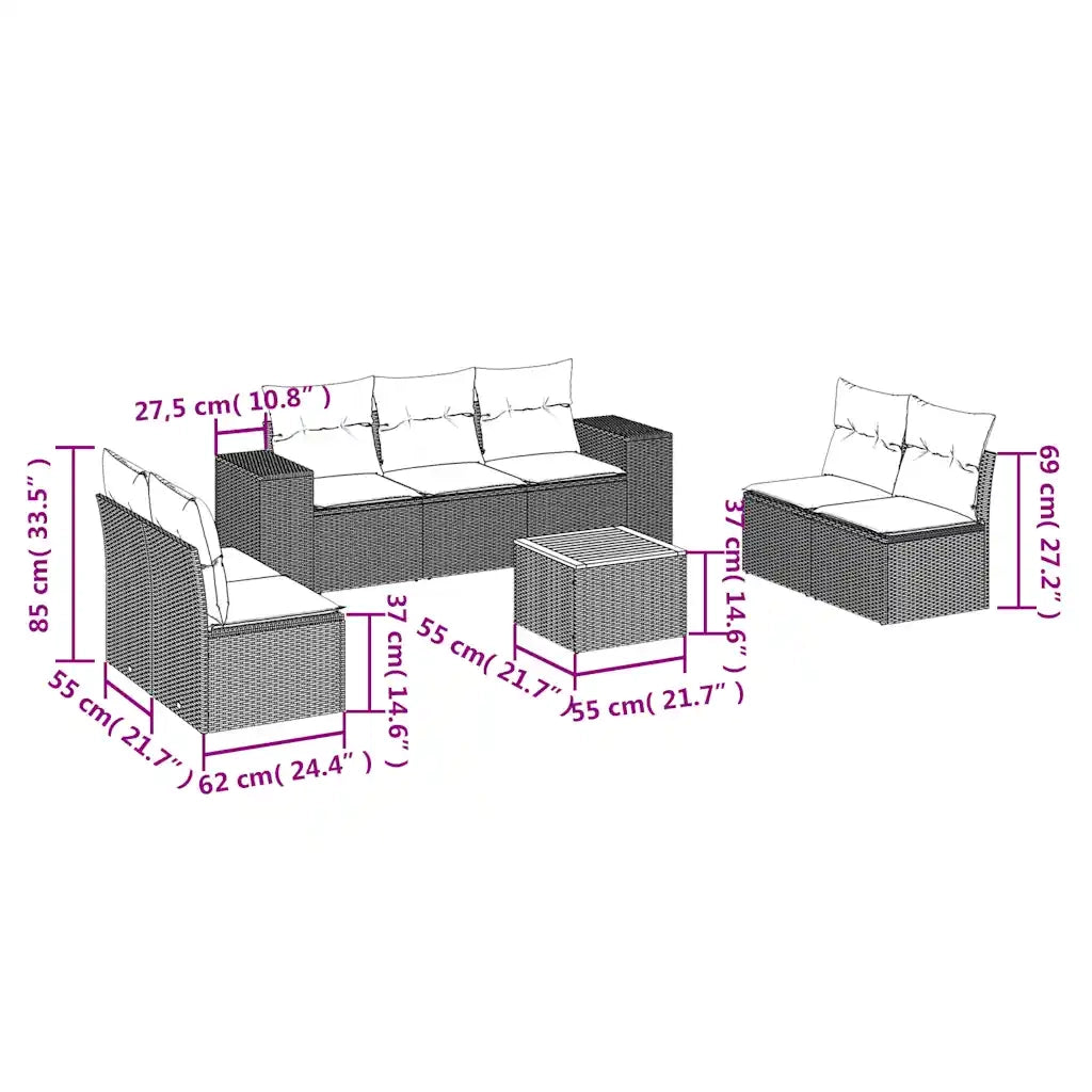 Set Divano da Giardino 8 pz con Cuscini Beige in Polyrattan 3225400