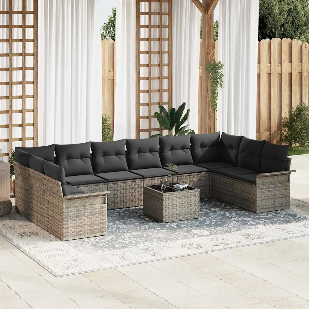 Set Divano da Giardino con cuscino 11 pcs Grigio Poly Rattan