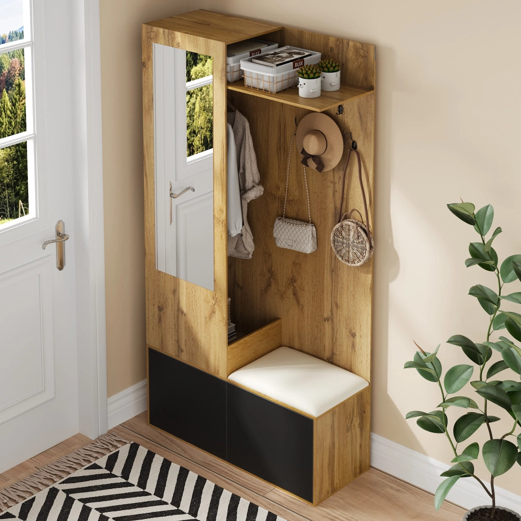 Set guardaroba da ingresso con specchio, 5 ganci appendiabiti, scarpiera e panca, 191x100x38 cm, nero e naturale