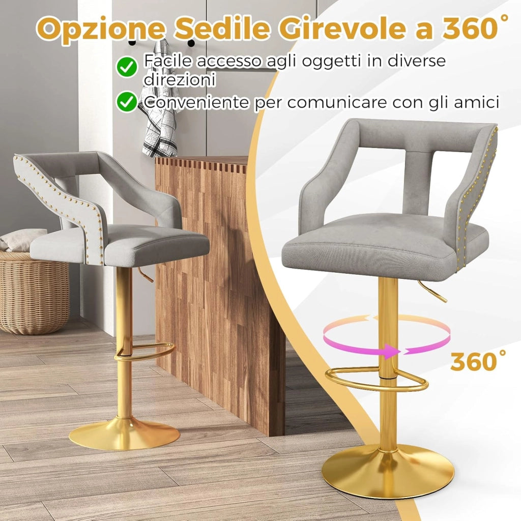 Set 2 Sgabelli da Bar in Velluto, Sedie Girevole e Regolabile con Poggiapiedi, Schienali in Forma a T, Braccioli, Base in Metallo Elettroplaccata per Cucina ad Isola e Sala da Pranzo (Grigio)
