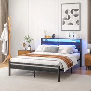 LETTO 140x200 cm con contenitore, metallo e MDF, nero, USB e LED
