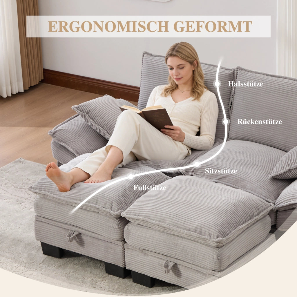 Divano modulare 2 posti in corduroy con pouf contenitore e USB-C - grigio chiaro