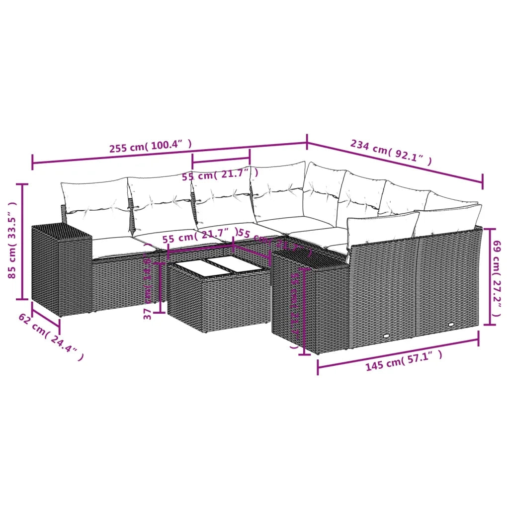 Set Divano da Giardino 9 pz con Cuscini Grigio in Polyrattan
