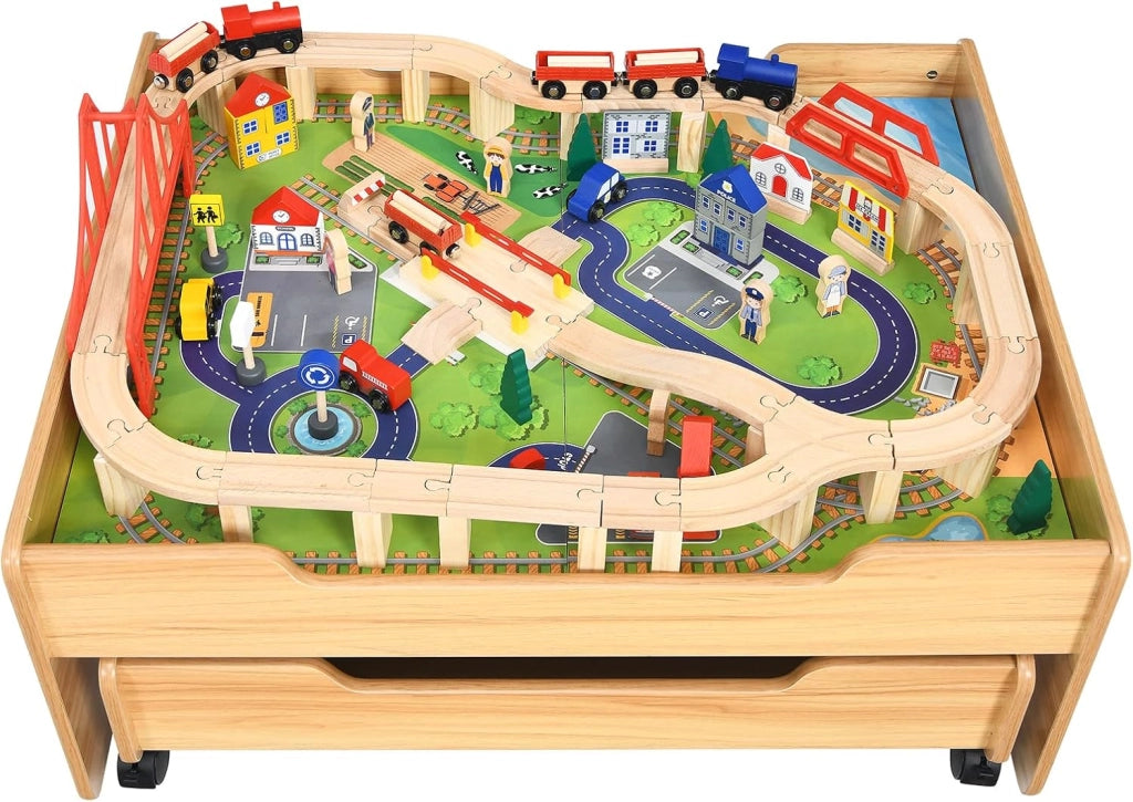 Set Tavolo di Legno con Binari Ferroviari per Bambini, Tavolo Attività e Cassetto con Ruote Bloccabili, con 100 Pezzi Multicolore, Struttura Resistente, Regalo per Bambini +3 anni